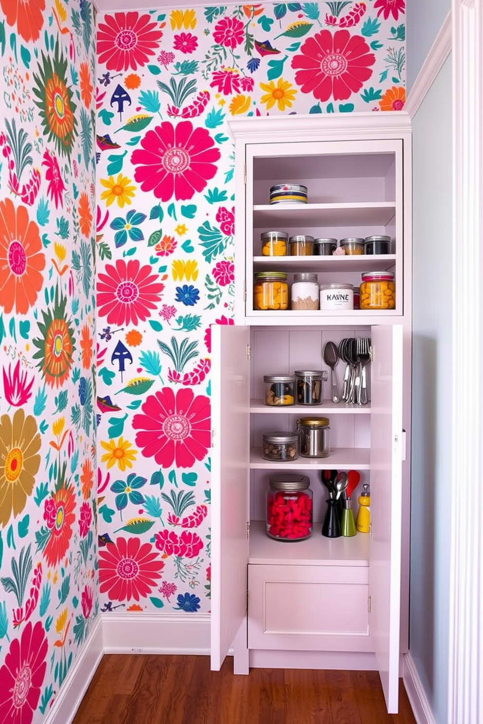 A vibrant and playful wallpaper design features an array of bold patterns and colors that create a lively backdrop in the space. The wallpaper showcases whimsical motifs, such as florals and geometric shapes, bringing energy and personality to the room. The corner pantry is designed with open shelving that displays an organized array of jars and utensils. The cabinetry is painted in a soft pastel hue, complementing the colorful wallpaper while providing functional storage solutions.