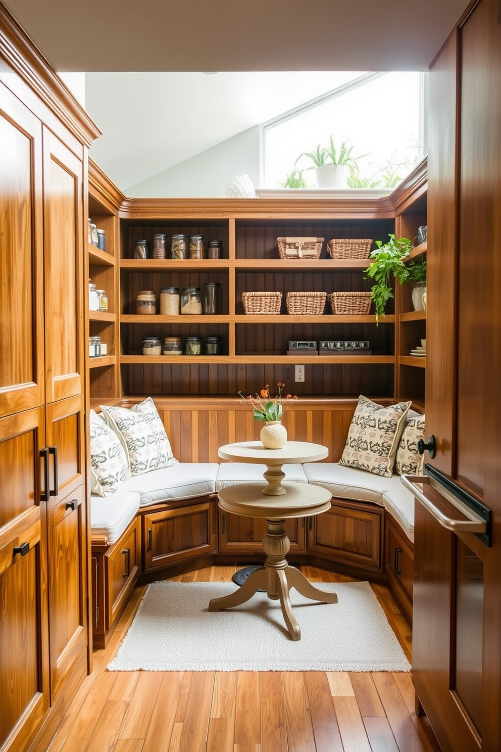 A cozy corner pantry featuring integrated seating with plush cushions and a small round table. The walls are lined with open shelving displaying an array of jars and baskets, while the floor is adorned with warm wood planks. Natural light streams in through a nearby window, illuminating the space and highlighting the rustic charm of the wooden cabinetry. Decorative plants are placed on the windowsill, adding a touch of greenery to the inviting atmosphere.