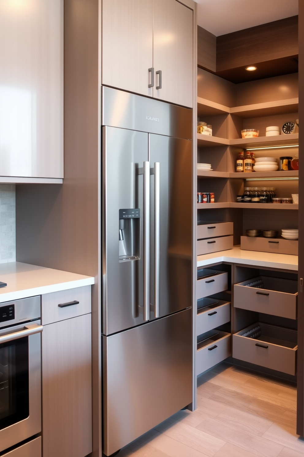 A sleek kitchen featuring stainless steel appliances that enhance the modern aesthetic. The refrigerator and oven are seamlessly integrated into the cabinetry, creating a streamlined look. A well-organized corner pantry with custom shelving and pull-out drawers for easy access. The pantry door is designed to blend with the kitchen decor, providing a cohesive and functional space.