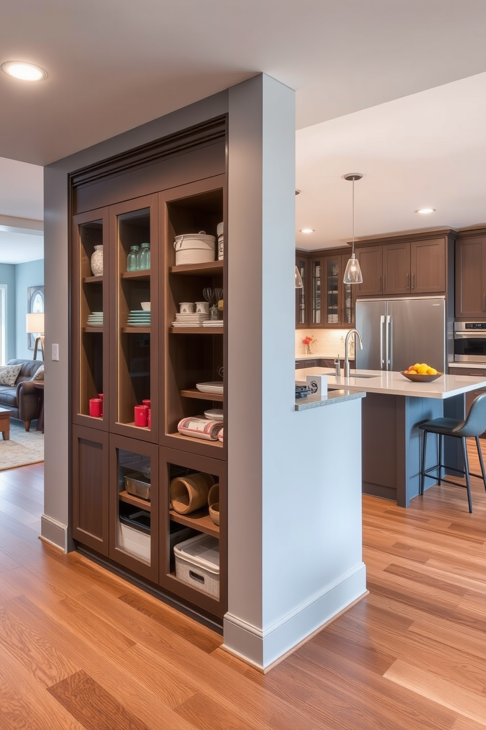 An open concept living area seamlessly connects with the adjoining kitchen, creating a spacious and inviting atmosphere. The kitchen features a large island with bar seating, complemented by sleek cabinetry and modern appliances. The corner pantry is designed with custom shelving for optimal storage, maximizing the use of space. Glass doors allow for easy access while showcasing neatly organized kitchen essentials.