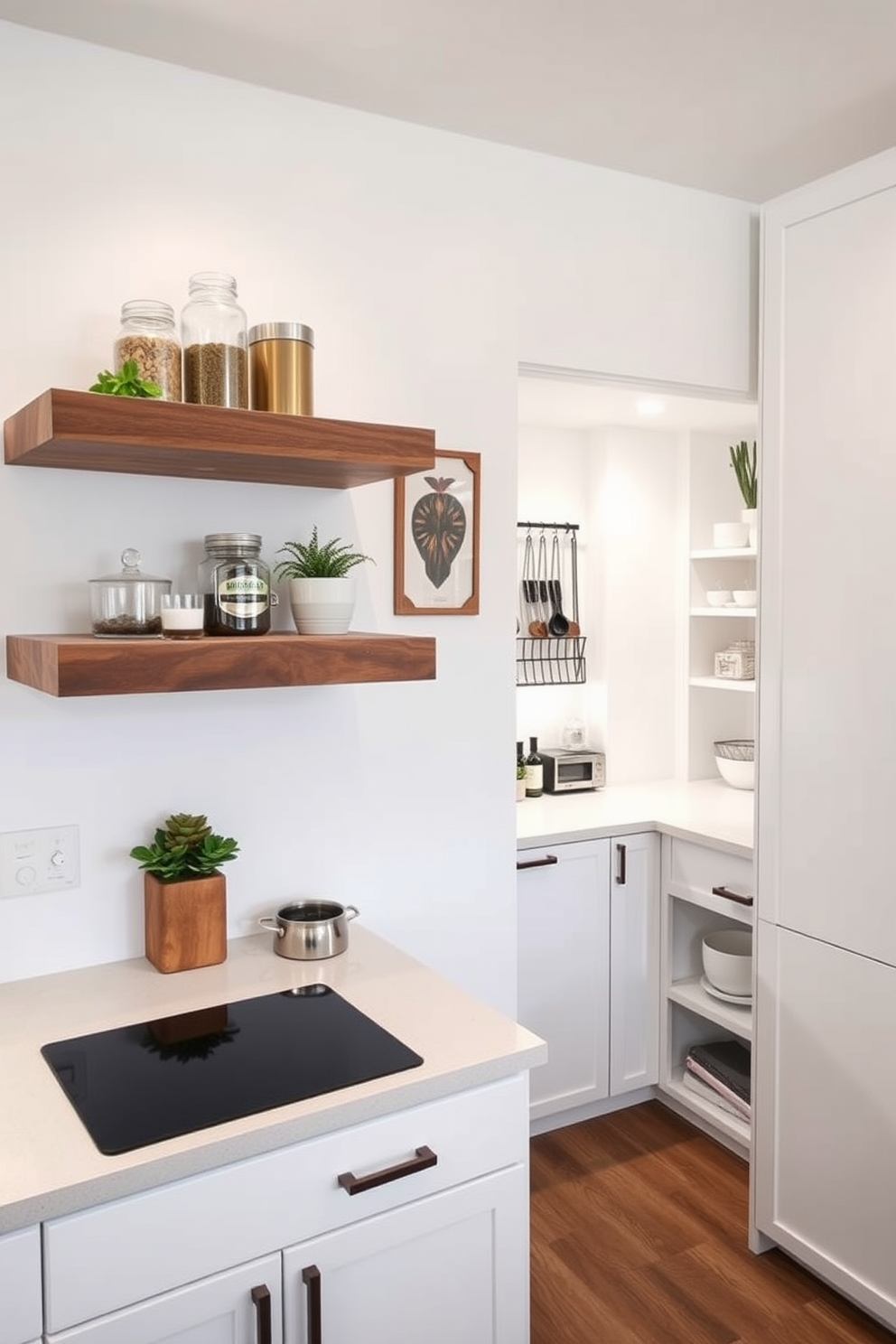 A modern kitchen featuring floating shelves that provide easy access to everyday items. The shelves are made of reclaimed wood and are adorned with decorative jars and plants for a touch of greenery. A corner pantry designed with sleek cabinetry that maximizes storage space. The pantry includes pull-out shelves and a small countertop for meal prep, all finished in a soft white hue to brighten the space.