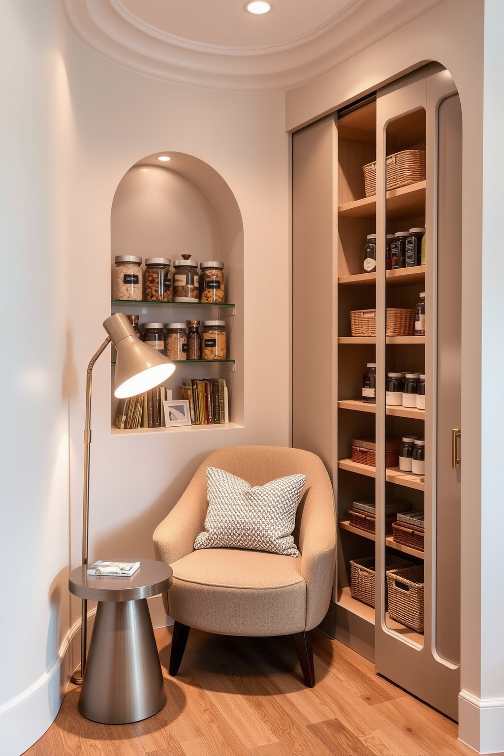 A creative corner space features soft curves with a cozy reading nook. A plush armchair is nestled into the corner, accompanied by a small side table and a floor lamp that provides warm light. The corner pantry design showcases elegant shelving with rounded edges. It is filled with organized jars and baskets, and a sliding door adds a modern touch to the overall aesthetic.