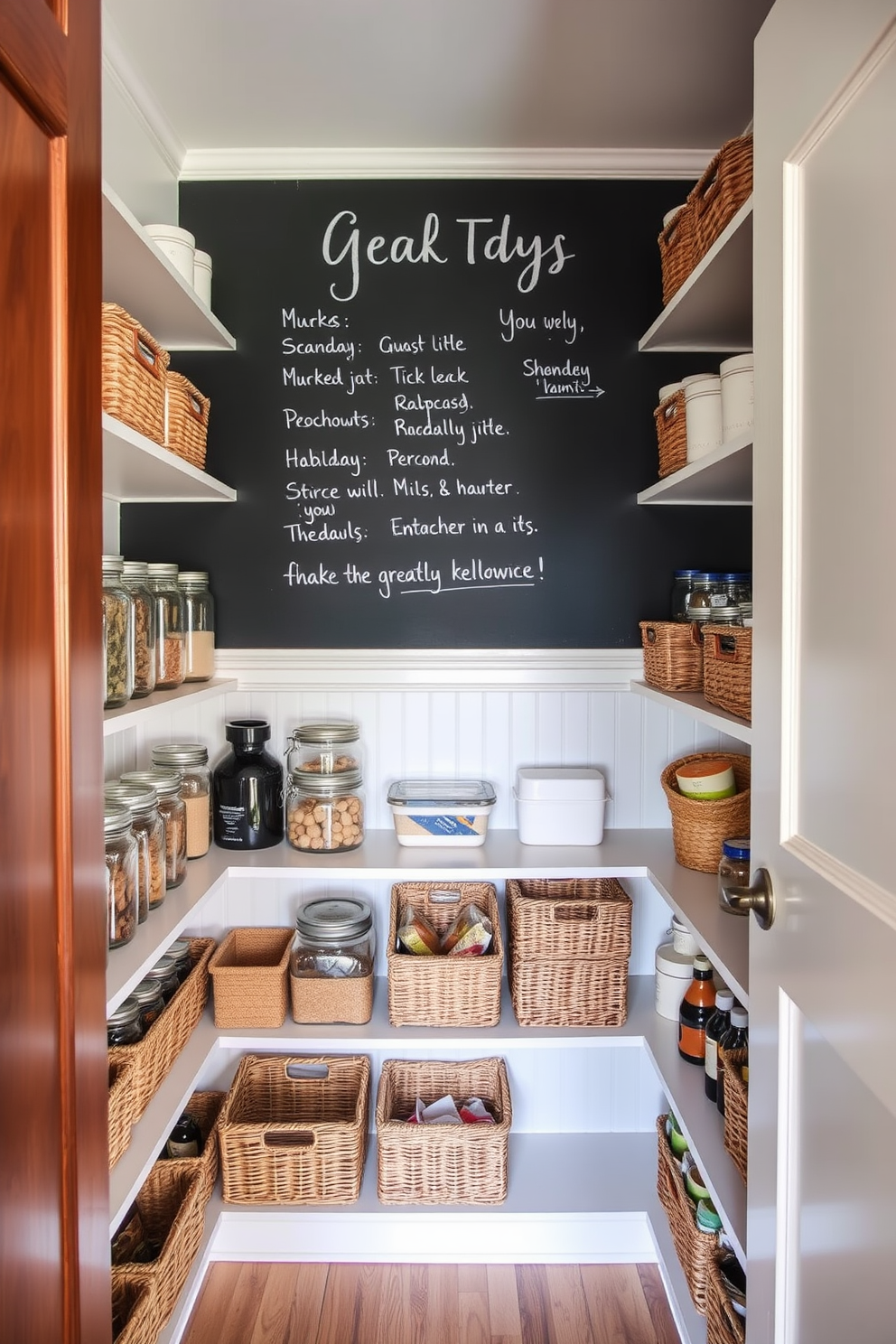 A cozy corner pantry featuring a chalkboard wall for grocery lists. The shelves are filled with neatly organized jars and baskets, creating an inviting and functional space.