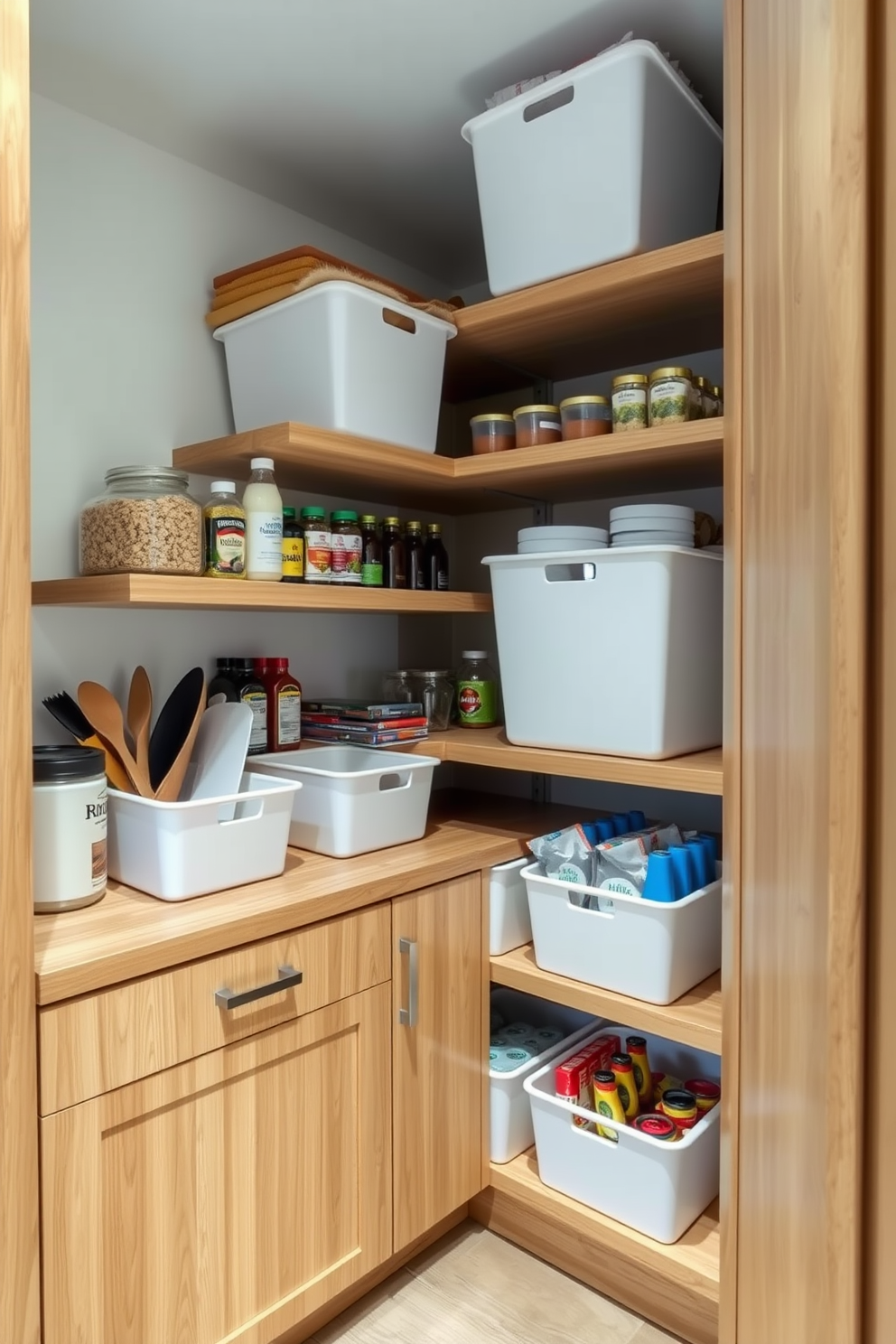 A corner pantry designed for maximum efficiency features organized bins that allow for easy categorization of ingredients and kitchen supplies. The space is illuminated with soft lighting, and the shelves are crafted from natural wood to enhance the overall aesthetic.