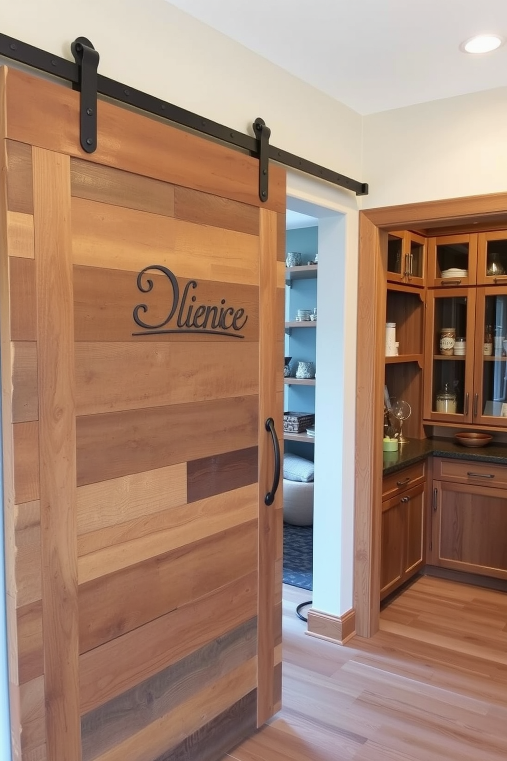 A sliding barn door made of reclaimed wood adds rustic charm to the entryway. The door features wrought iron hardware and complements the surrounding decor with its natural finish. The corner pantry is designed with open shelving to maximize space and functionality. It includes a combination of wooden cabinets and glass-front doors for an inviting display of kitchen essentials.