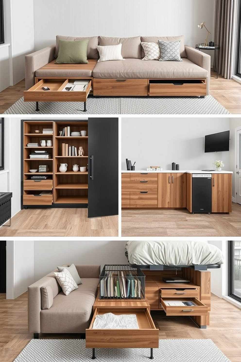 Multi-functional furniture that seamlessly transforms from a comfortable sofa to a spacious bed. Incorporate storage solutions like hidden compartments and shelves to maximize utility in small spaces. A corner pantry designed with open shelving and pull-out drawers for easy access to kitchen essentials. Use a combination of wood and metal finishes to create a modern yet functional storage solution.