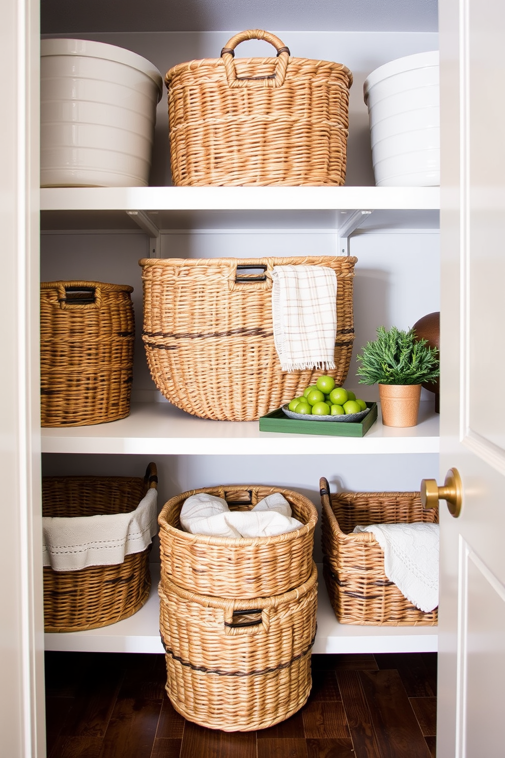 A cozy corner pantry featuring decorative baskets for stylish storage. The baskets are woven in natural fibers and come in various sizes, adding texture and warmth to the space.