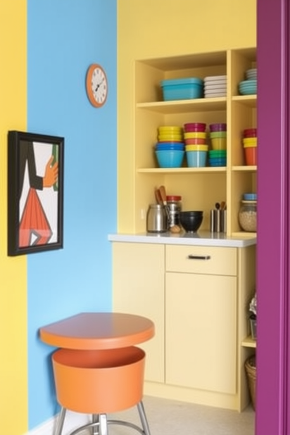 Bright colors to energize the space. The walls are painted in vibrant yellows and blues, creating a cheerful atmosphere that invites creativity and joy. Corner pantry design ideas. The pantry features open shelving with colorful containers and a small countertop for meal prep, maximizing functionality while maintaining a lively aesthetic.