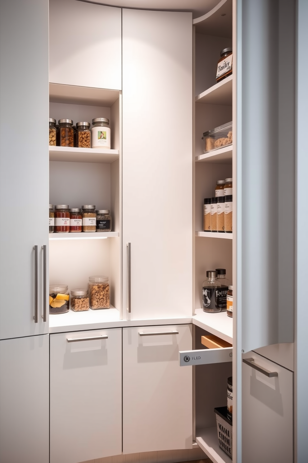 A minimalist corner pantry design featuring sleek lines and a clean aesthetic. The cabinetry is finished in a matte white with integrated handles, and open shelving displays neatly organized jars and containers. The pantry includes a pull-out spice rack for easy access, while a small countertop area provides space for meal prep. Soft LED lighting highlights the contents and adds a warm ambiance to the space.