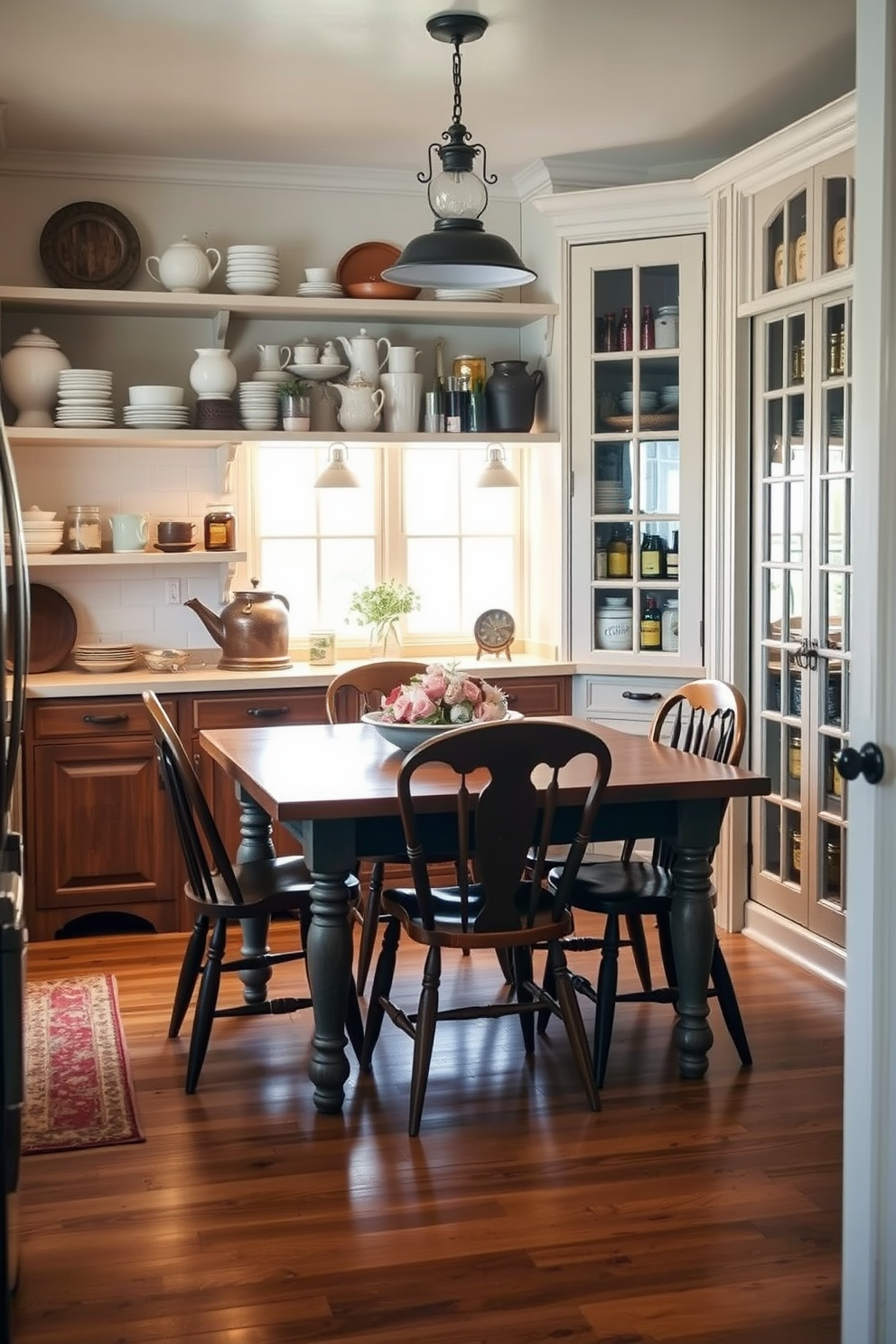 A cozy kitchen space featuring vintage accents that evoke warmth and charm. The room includes a rustic wooden table surrounded by mismatched chairs, with a collection of antique dishware displayed on open shelving. A corner pantry designed with functionality in mind. It features custom cabinetry with glass doors, showcasing neatly organized jars and containers, while warm lighting creates an inviting atmosphere.