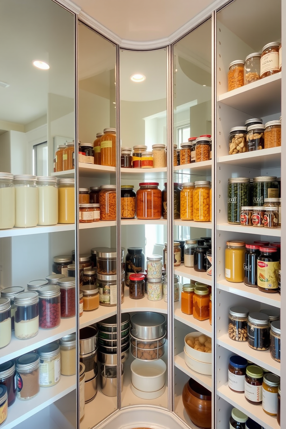 A corner pantry with mirrored backs to create depth. The shelves are filled with neatly organized jars and containers, reflecting light and enhancing the spacious feel.