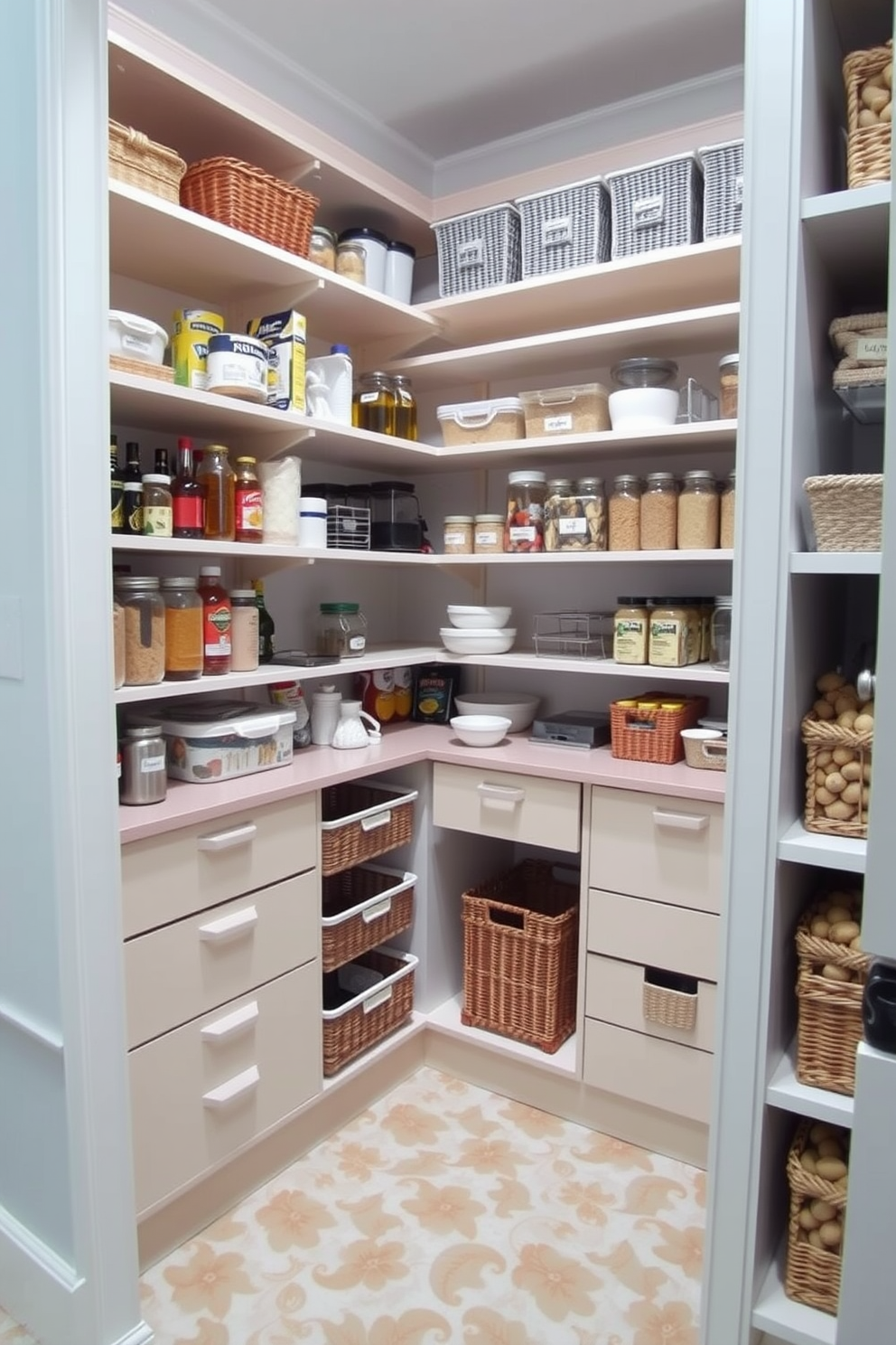 A well-organized corner pantry featuring open shelving for easy access to small items. The walls are painted in a light color to enhance brightness and the floor is tiled with a cheerful pattern. Smart storage solutions include pull-out drawers and baskets to maximize space efficiency. A combination of clear containers and labeled jars keeps everything tidy and visually appealing.