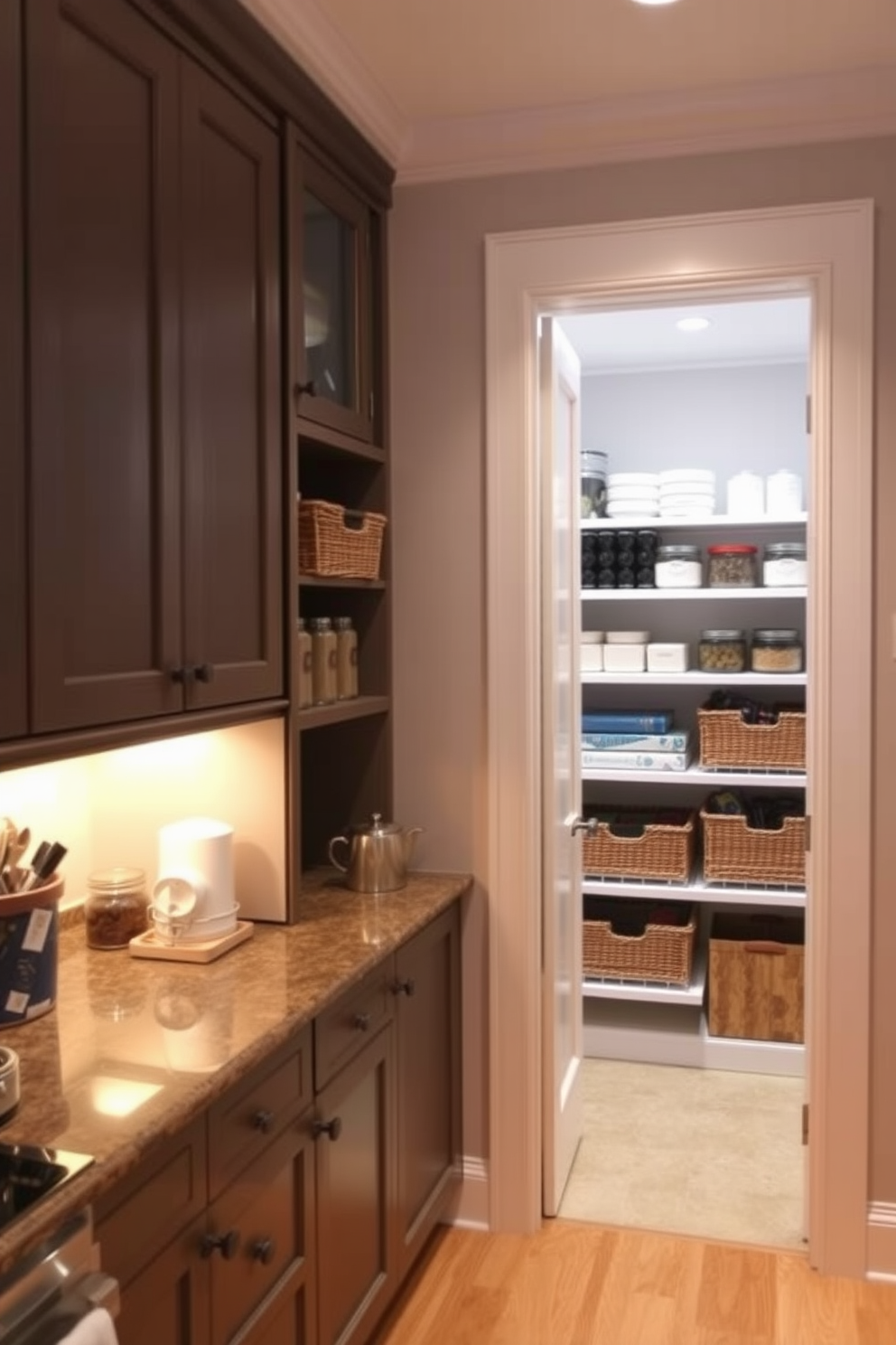 A stunning kitchen features decorative tiles for a stylish backsplash that adds a vibrant touch to the space. The tiles are arranged in a geometric pattern with a mix of colors that complement the cabinetry and countertops. The corner pantry design maximizes storage while maintaining a sleek appearance. It includes open shelving for easy access and a hidden door that blends seamlessly with the surrounding cabinetry.