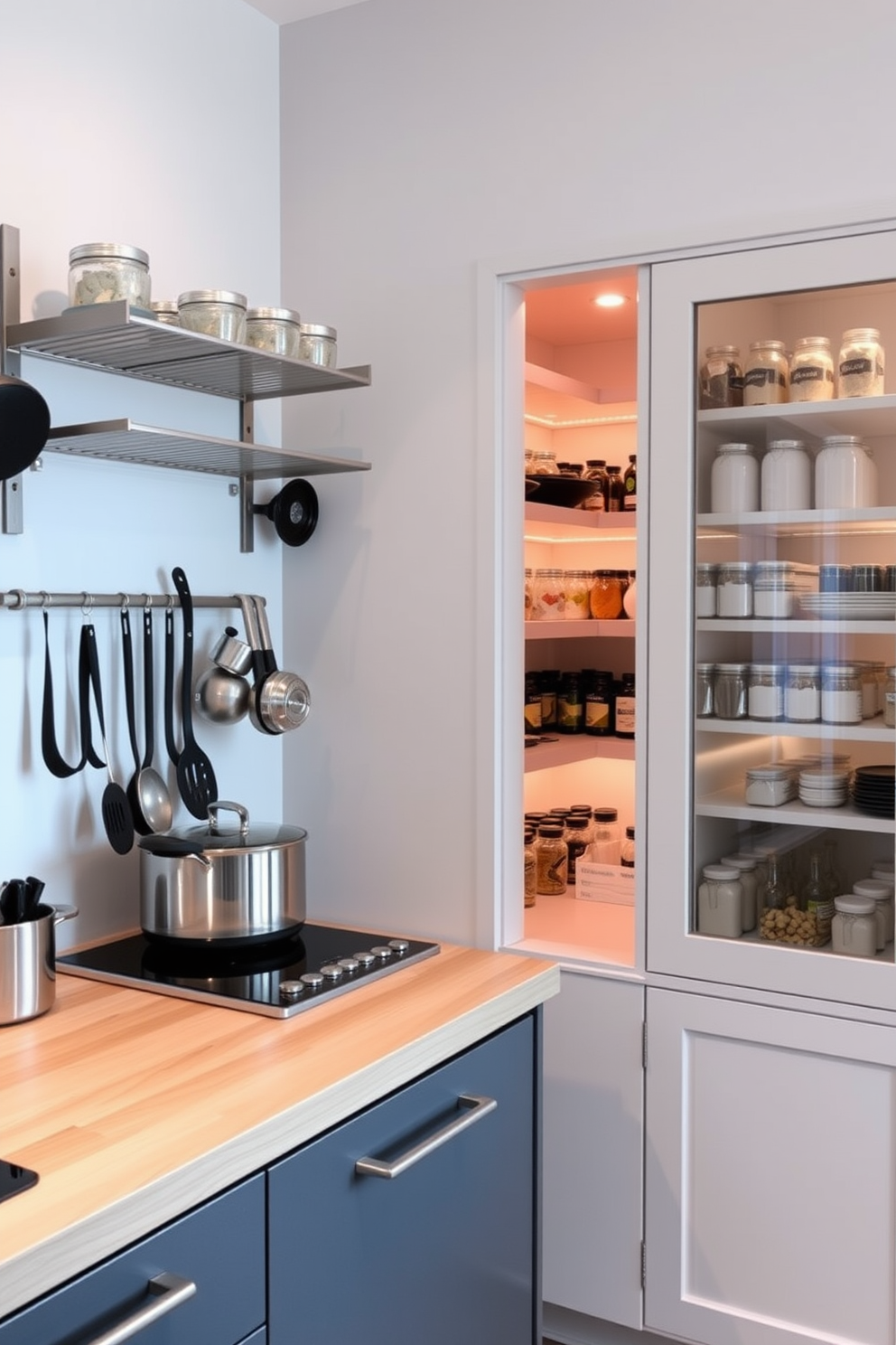 A modern kitchen featuring wall-mounted racks for quick access to cooking essentials. The racks are made of sleek metal and are arranged above a wooden countertop, creating an organized and stylish workspace. Adjacent to the cooking area, a corner pantry is designed with open shelving and glass doors. The pantry is illuminated with warm lighting, showcasing neatly arranged jars and containers for a visually appealing storage solution.