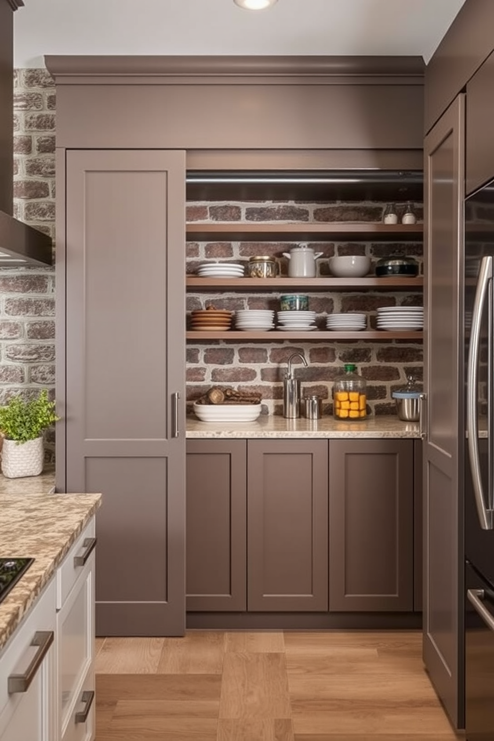 A cozy corner pantry featuring hidden lighting that casts a soft glow throughout the space. The shelves are lined with neatly organized jars and baskets, creating an inviting and functional storage area. The walls are painted in a warm neutral tone, enhancing the ambiance of the pantry. A small countertop area is included for meal prep, adorned with a decorative plant for added charm.