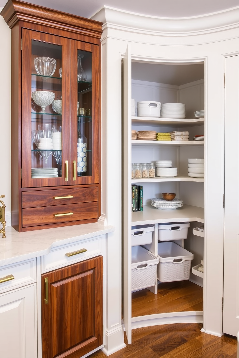 A stylish corner cabinet with pull-out drawers crafted from rich walnut wood. The cabinet features sleek brass handles and is adorned with decorative glassware to enhance its elegance. An inviting corner pantry designed with open shelving and pull-out bins for easy access. The pantry is painted in a soft white hue and includes a small countertop for meal prep and organization.