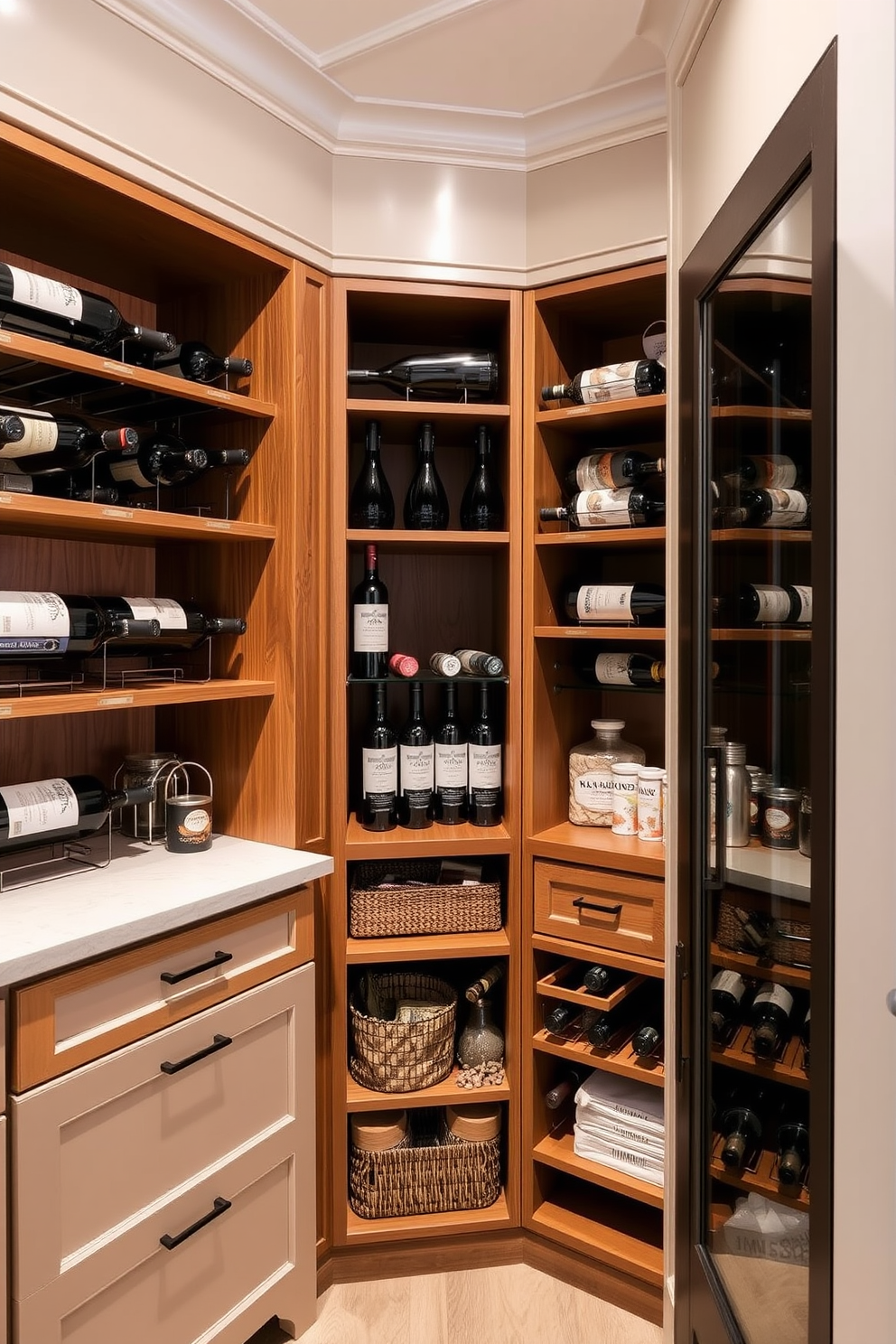 A stylish corner pantry featuring an integrated wine rack designed for enthusiasts. The pantry showcases custom shelving with a warm wood finish, elegantly displaying a selection of fine wines alongside organized storage for dry goods and kitchen essentials.