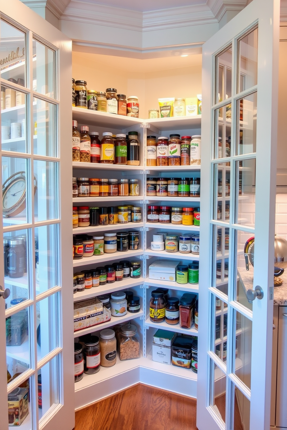 A cozy corner pantry with rustic wood finishes that exudes farmhouse charm. The shelves are made of reclaimed wood, displaying neatly arranged jars and baskets filled with fresh produce and dry goods.