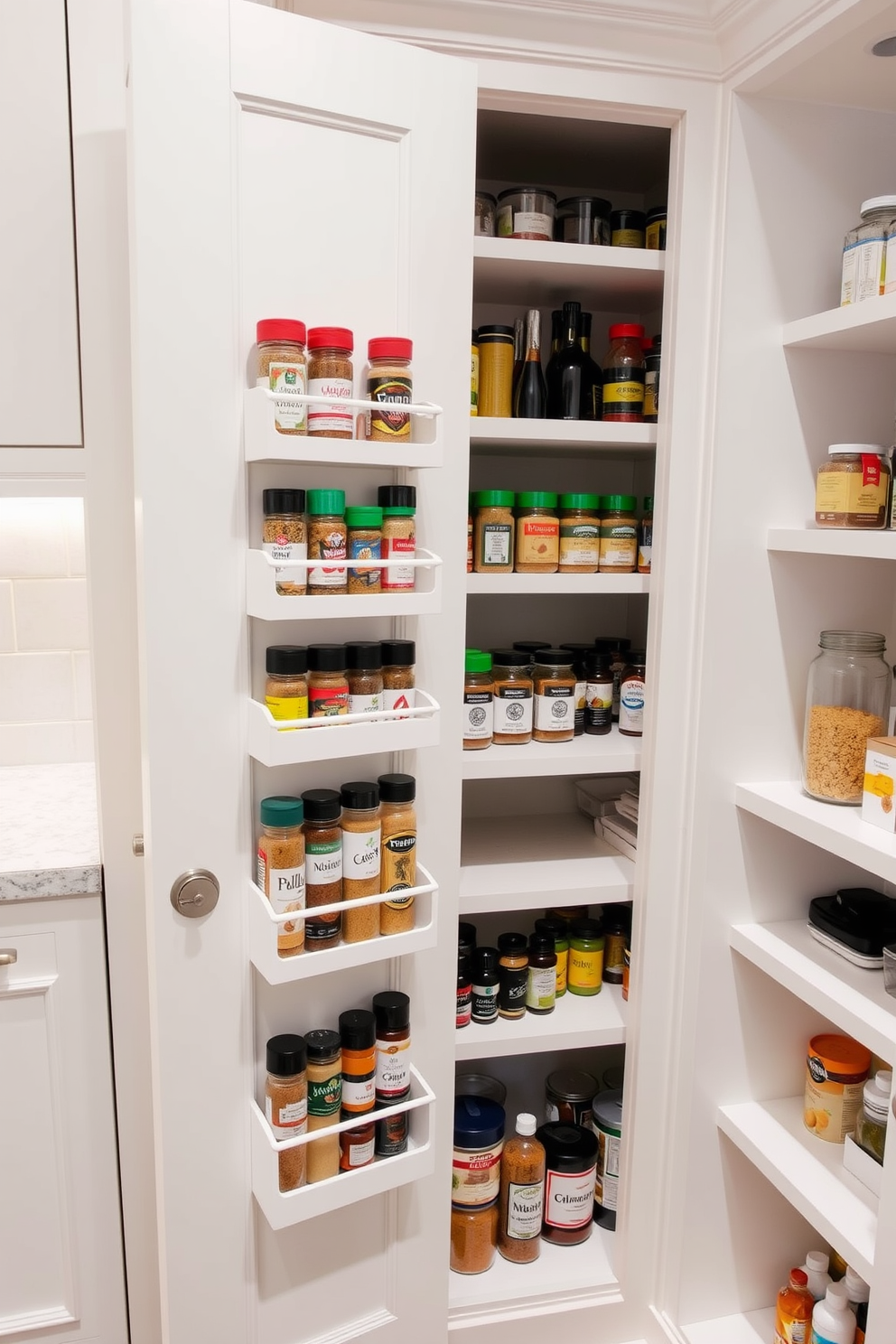 Colorful cabinets to brighten the corner. The cabinets feature a mix of vibrant hues such as turquoise, sunny yellow, and coral, creating a lively and inviting atmosphere. The corner pantry is designed with open shelving for easy access to frequently used items. A small, round table is placed nearby, adorned with fresh herbs and decorative jars for added charm.