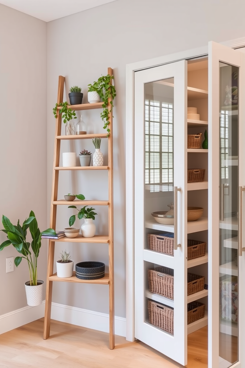 A stylish ladder shelf made of natural wood leans against a wall, showcasing a variety of plants and decorative items. The shelf's open design allows for easy access and adds a touch of warmth to the room. In the corner, a pantry features sleek cabinetry with glass doors, providing a modern yet functional storage solution. The interior is organized with pull-out shelves and baskets, maximizing space while maintaining an elegant appearance.