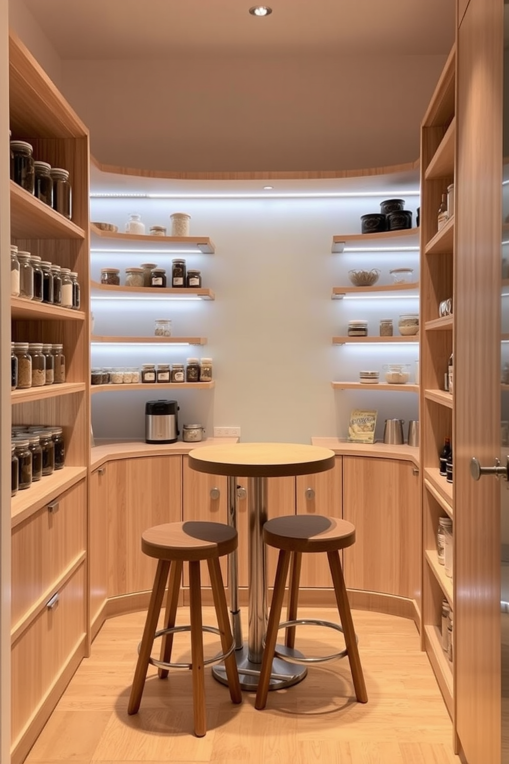 Bright lighting to enhance visibility in a corner pantry creates an inviting atmosphere. The pantry features open shelving made of light wood, showcasing neatly organized jars and containers. Soft LED strip lights are installed under the shelves, illuminating the contents while adding a modern touch. A small, round wooden table is placed in the center, with a few bar stools for a cozy nook.