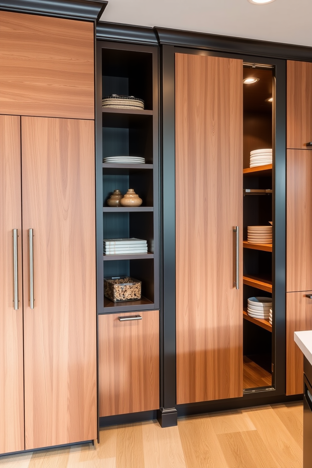 Custom cabinetry featuring a blend of wood and metal finishes creates a striking focal point in the kitchen. The corner pantry is designed with open shelving and closed storage, maximizing both functionality and aesthetic appeal.