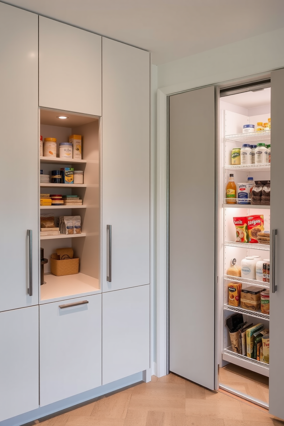 A hidden pantry seamlessly integrated behind a false wall, featuring sleek cabinetry that matches the surrounding kitchen. Inside, organized shelves are stocked with dry goods, and a small countertop provides space for meal prep. A corner pantry designed with functionality in mind, showcasing a rotating shelving system for easy access to all items. The space is illuminated with soft lighting, creating an inviting atmosphere while maximizing storage efficiency.