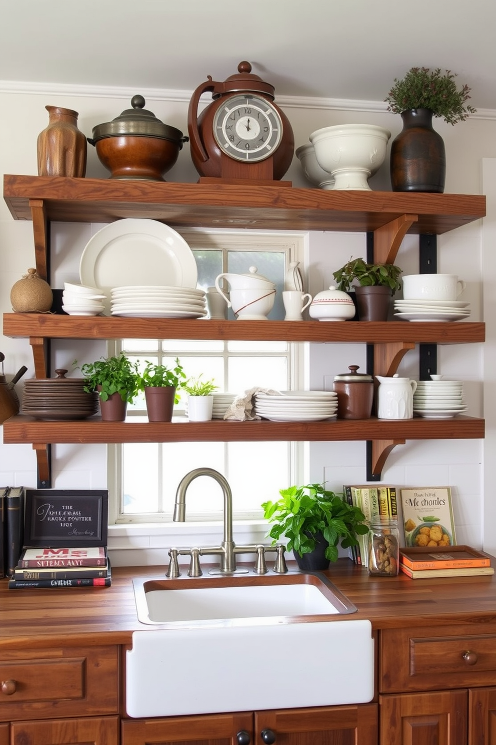 A cozy country kitchen featuring reclaimed wood open shelving that adds warmth and character to the space. The shelves are adorned with rustic dishware, potted herbs, and vintage cookbooks, enhancing the inviting atmosphere.