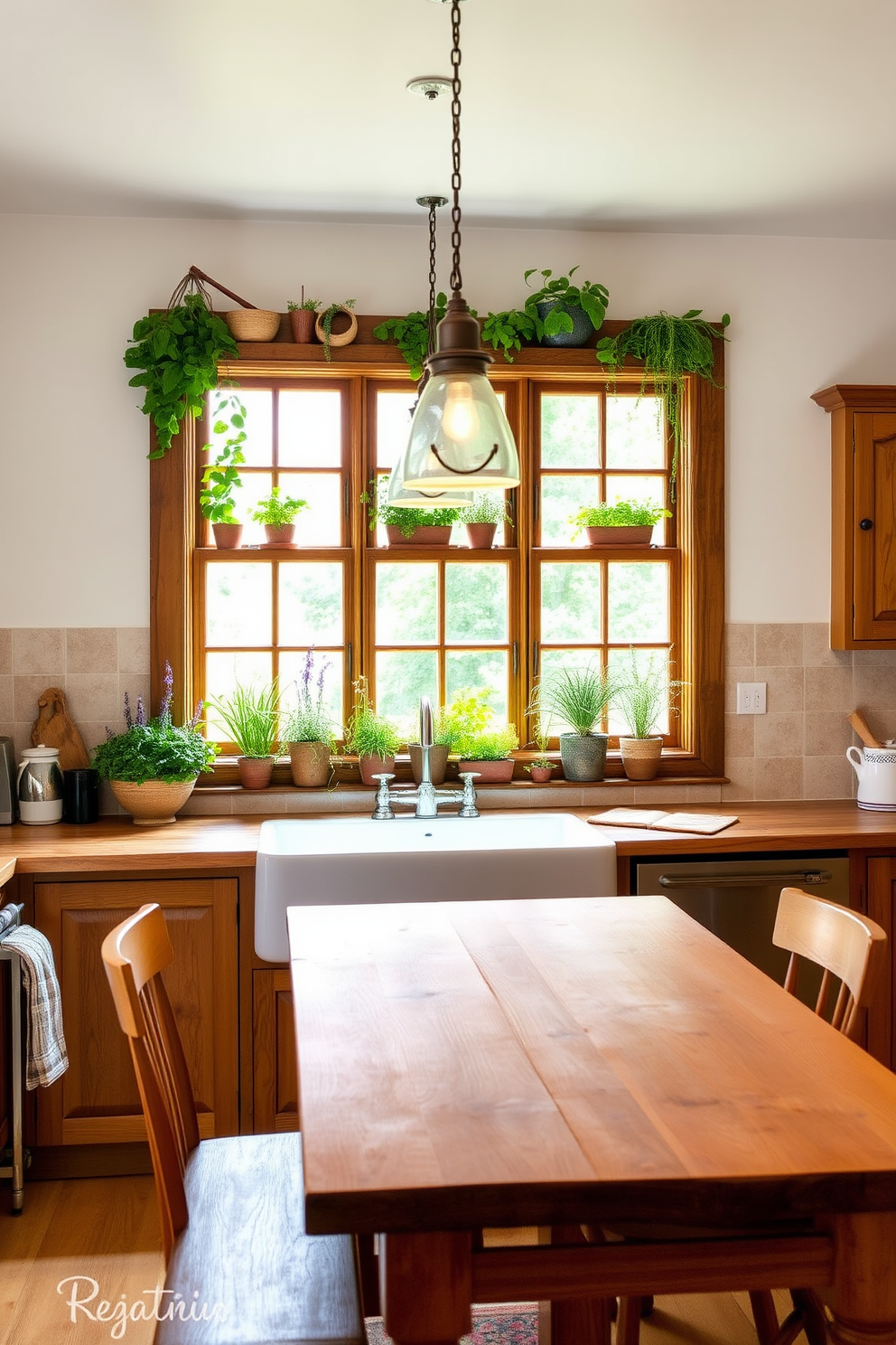 A charming country kitchen featuring a herb garden window that invites natural light and fresh aromas into the space. The window is adorned with rustic wooden frames and filled with vibrant pots of basil, rosemary, and thyme, creating a cozy and inviting atmosphere. The kitchen showcases warm wooden cabinetry and a farmhouse sink, complemented by a large wooden dining table at the center. Vintage-style pendant lights hang above the table, illuminating the space with a soft, welcoming glow.