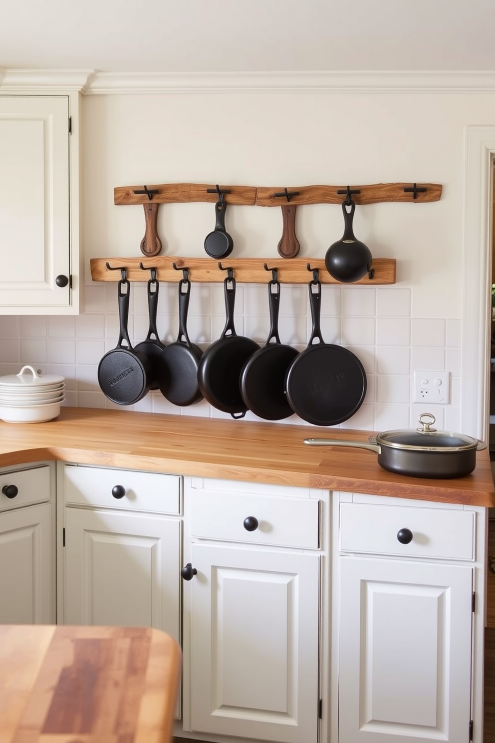 A cozy country kitchen featuring cast iron cookware elegantly displayed on rustic wooden hooks. The cabinets are painted in a soft pastel color, and the countertops are made of butcher block, creating a warm and inviting atmosphere.