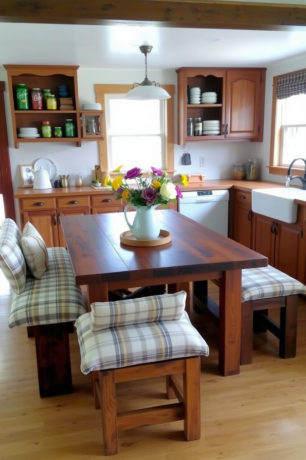 A charming country-style dining table made of reclaimed wood is surrounded by comfortable bench seating upholstered in a soft plaid fabric. The table is adorned with a rustic centerpiece featuring seasonal flowers in a vintage pitcher, creating an inviting atmosphere for family gatherings. The kitchen features open shelving displaying colorful dishware and mason jars filled with pantry staples. Warm wooden cabinets and a farmhouse sink complement the country aesthetic, while natural light streams in through a large window, illuminating the cheerful space.