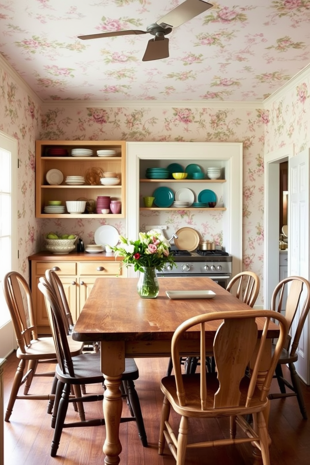 A charming country-style pantry featuring a rustic sliding door made of reclaimed wood. Inside, open shelving displays an array of mason jars filled with ingredients, while a farmhouse table sits in the center, adorned with a bouquet of wildflowers. The kitchen design embraces a cozy farmhouse aesthetic with a large central island topped with butcher block. Vintage-inspired appliances in pastel colors complement the white shiplap walls and warm wooden accents throughout the space.