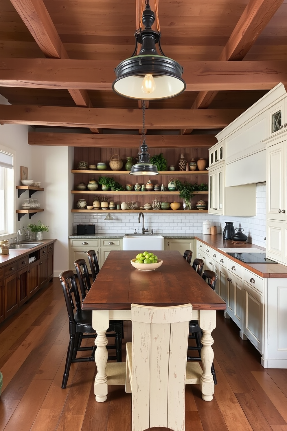 A charming country kitchen filled with colorful accents in dishware and textiles. The cabinets are painted in a soft cream color, while the countertops are a warm butcher block, creating a welcoming atmosphere. Brightly patterned dishware is displayed on open shelves, showcasing vibrant colors and rustic designs. Textiles such as checkered tablecloths and floral curtains add a cozy touch, enhancing the homey feel of the space.