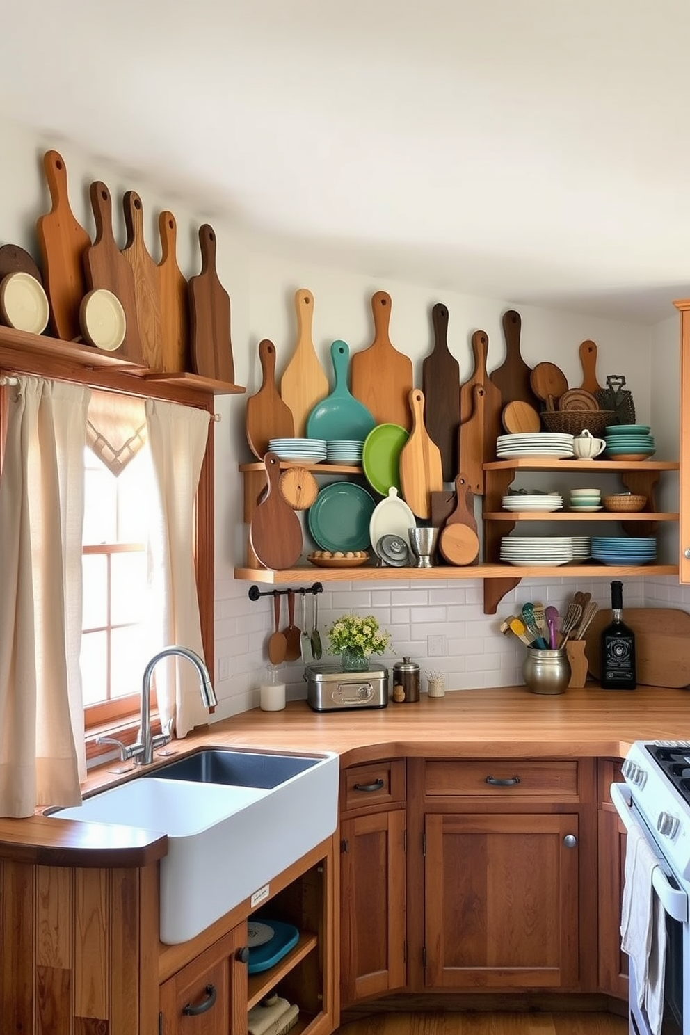 A cozy country kitchen featuring distressed wooden cabinets with a weathered finish. The farmhouse sink is complemented by a vintage-style faucet, and a large wooden dining table sits in the center, surrounded by mismatched chairs. Open shelving displays rustic dishware and mason jars filled with preserved foods. Warm, earthy tones dominate the color palette, with exposed beams and a stone backsplash adding to the inviting atmosphere.