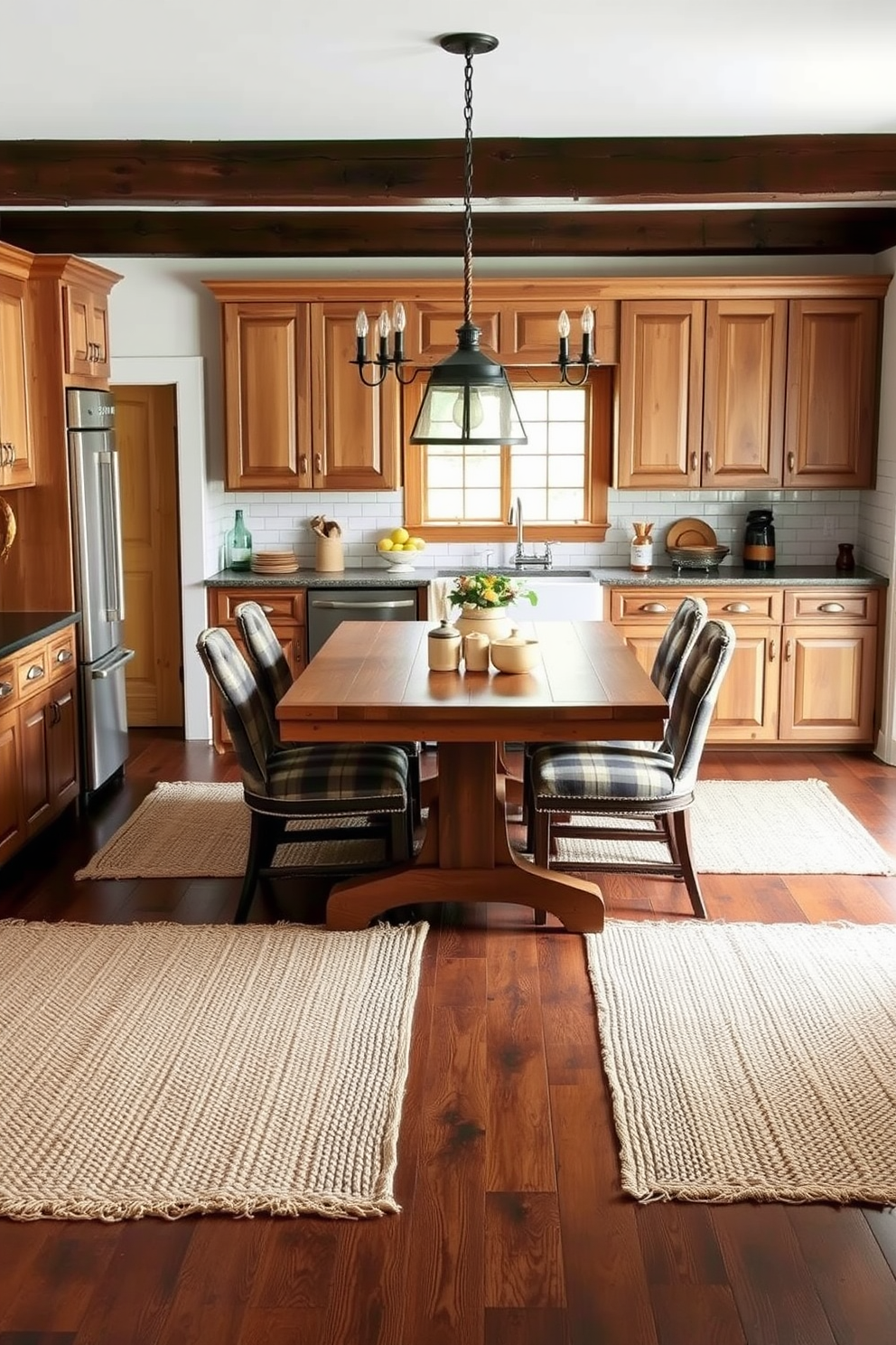 A cozy kitchen featuring woven rugs that add warmth and texture to the space. The design includes rustic wooden cabinets, a farmhouse sink, and a large dining table surrounded by comfortable chairs.