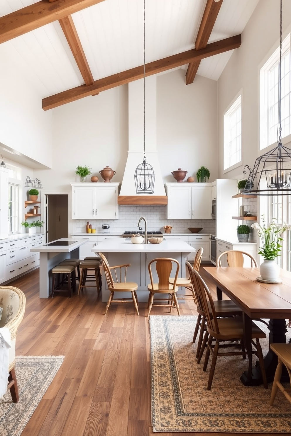 Open concept layout for spaciousness with high ceilings and large windows allowing natural light to flood the space. The kitchen features a large island with bar seating, surrounded by farmhouse-style cabinetry and rustic wooden accents. Country kitchen design ideas include a cozy dining nook with a wooden table and mismatched chairs, creating an inviting atmosphere. The color palette consists of soft whites and earthy tones, complemented by vintage accessories and open shelving displaying dishware.