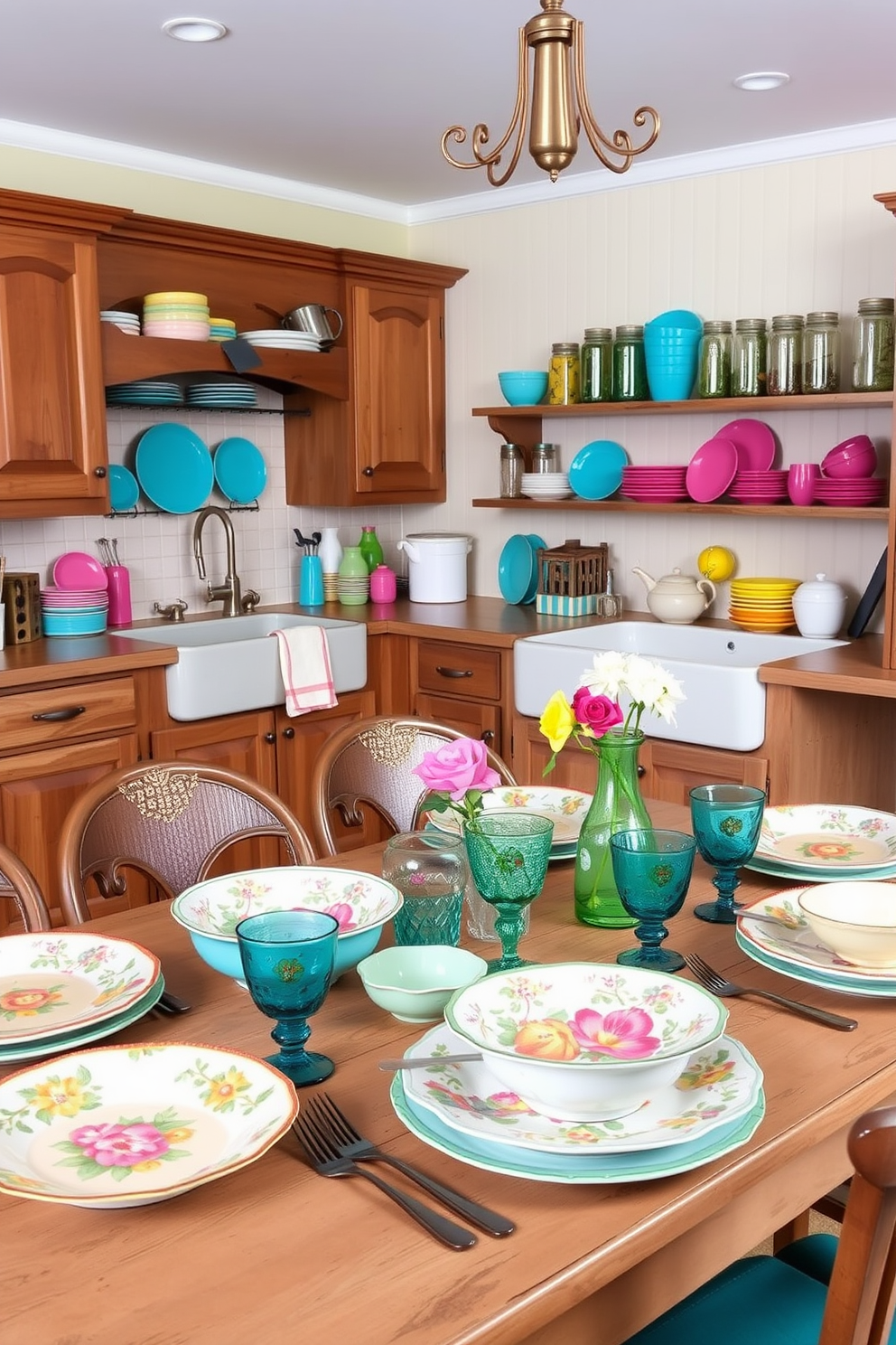 Farmhouse tableware in cheerful colors. The table is set with a vibrant mix of plates, bowls, and glassware featuring floral patterns and bright hues. Country kitchen design ideas. The kitchen features rustic wooden cabinets, a large farmhouse sink, and open shelving displaying colorful dishware and mason jars.