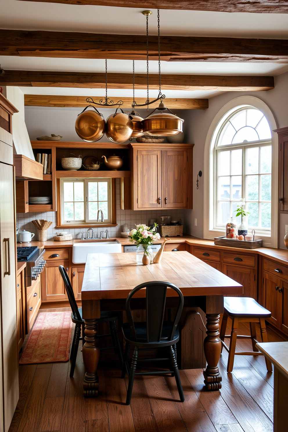 A charming country kitchen that exudes warmth and luxury. The space features rustic wooden cabinets and a large farmhouse sink adorned with polished copper pots hanging above. A spacious island in the center is topped with a beautiful butcher block surface. Soft natural light floods in through a large window, illuminating the cozy dining nook with vintage chairs and a wooden table.