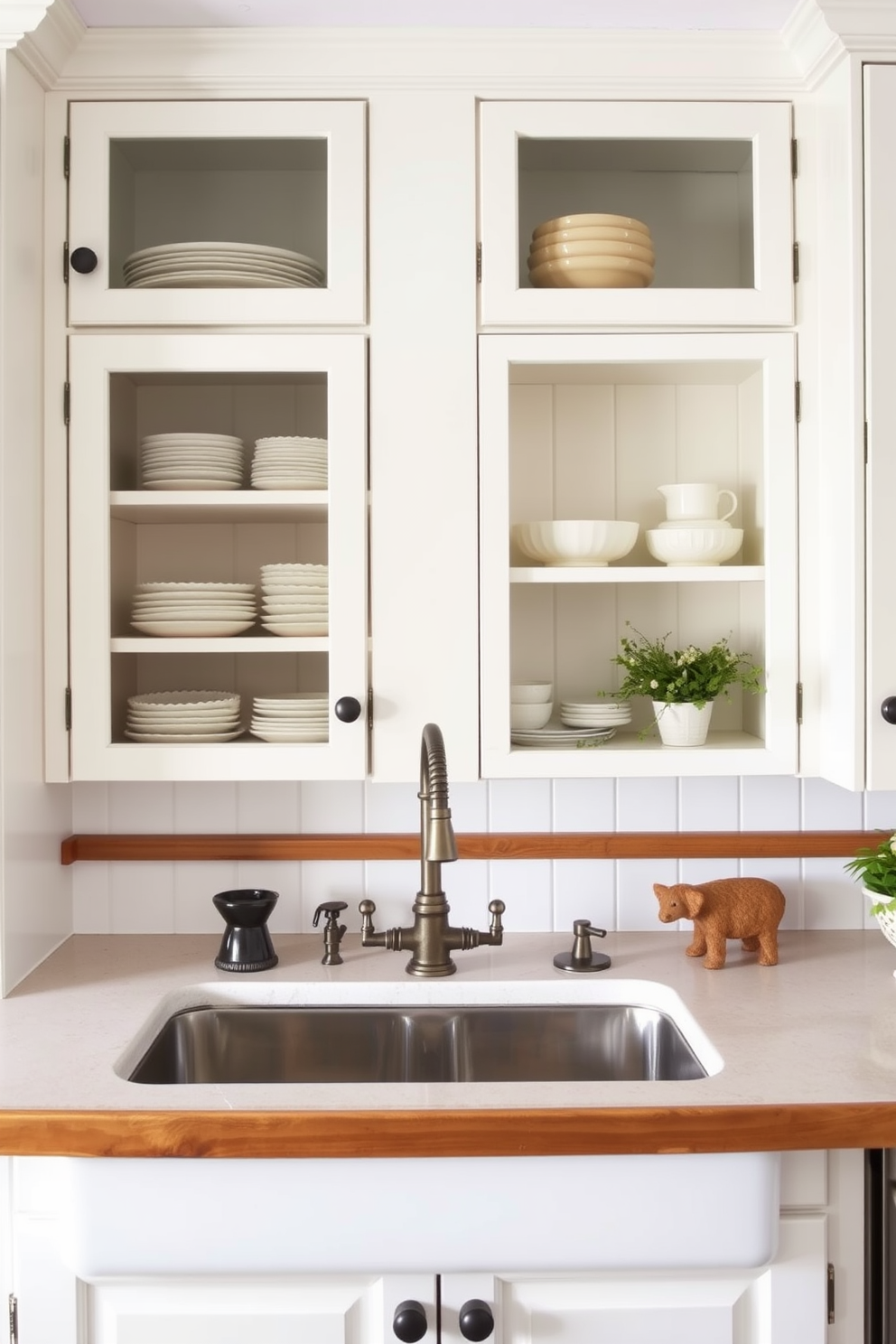 A charming country kitchen features a farmhouse sink with a vintage faucet that adds rustic elegance. The cabinetry is painted in soft white, complemented by wooden open shelves displaying colorful dishware.