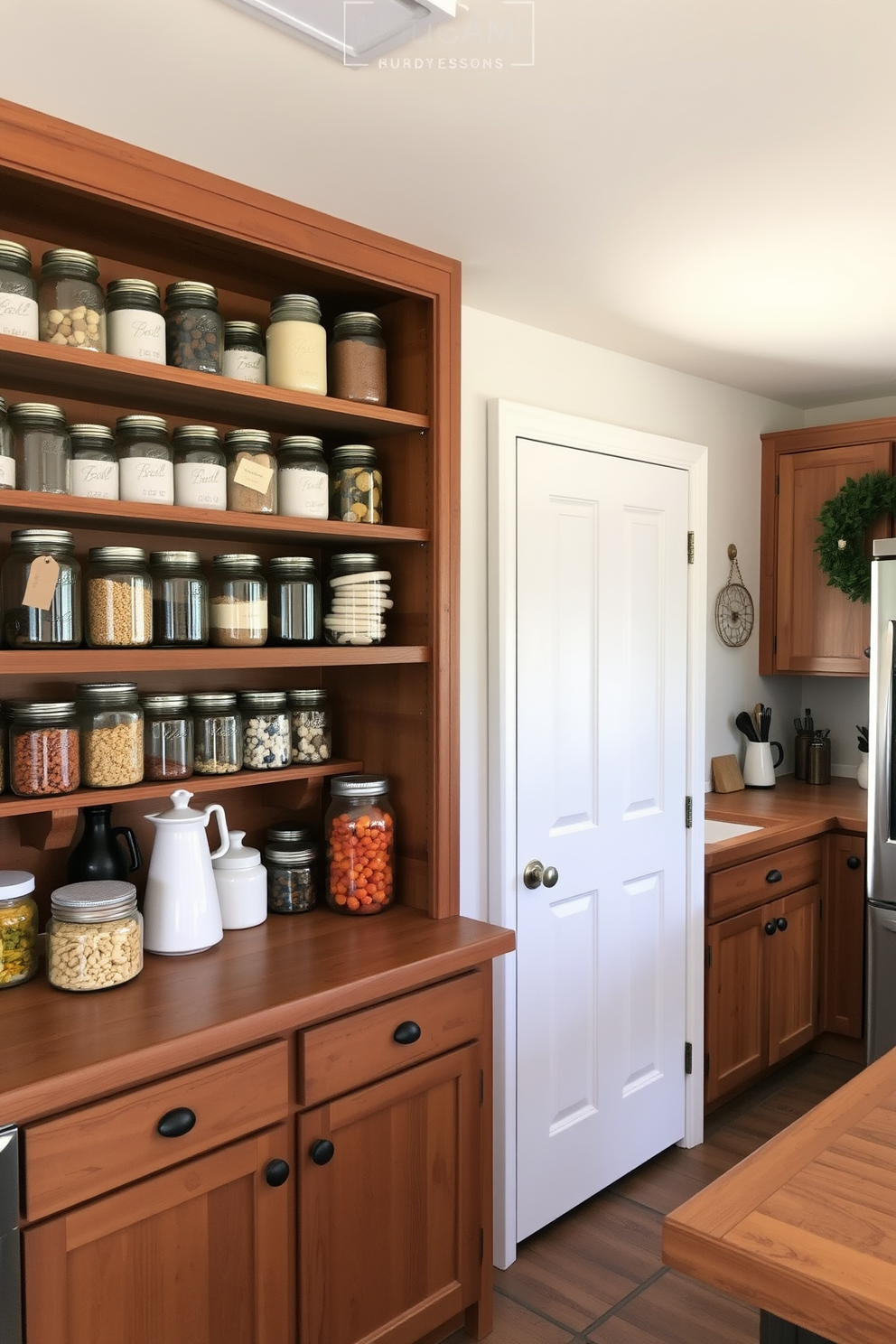 A charming country kitchen featuring open shelving filled with mason jars of various sizes for pantry organization. The rustic wooden cabinets complement the warm tones of the farmhouse-style decor, creating a cozy and inviting atmosphere.