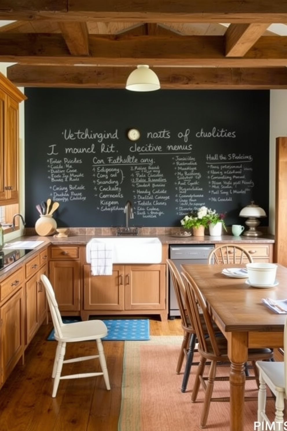 A charming country kitchen featuring a chalkboard wall for jotting down notes and menus. The space is filled with rustic wooden cabinets, a farmhouse sink, and a large dining table surrounded by mismatched chairs.