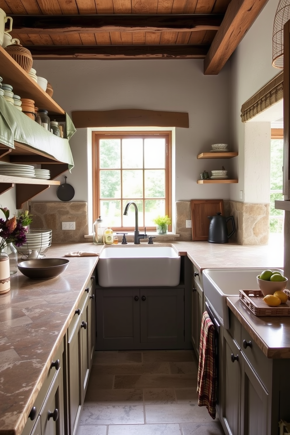 A cozy country kitchen featuring natural stone countertops that emphasize durability and rustic charm. The space includes open shelving filled with vintage kitchenware and a large farmhouse sink beneath a window with a view of the garden.