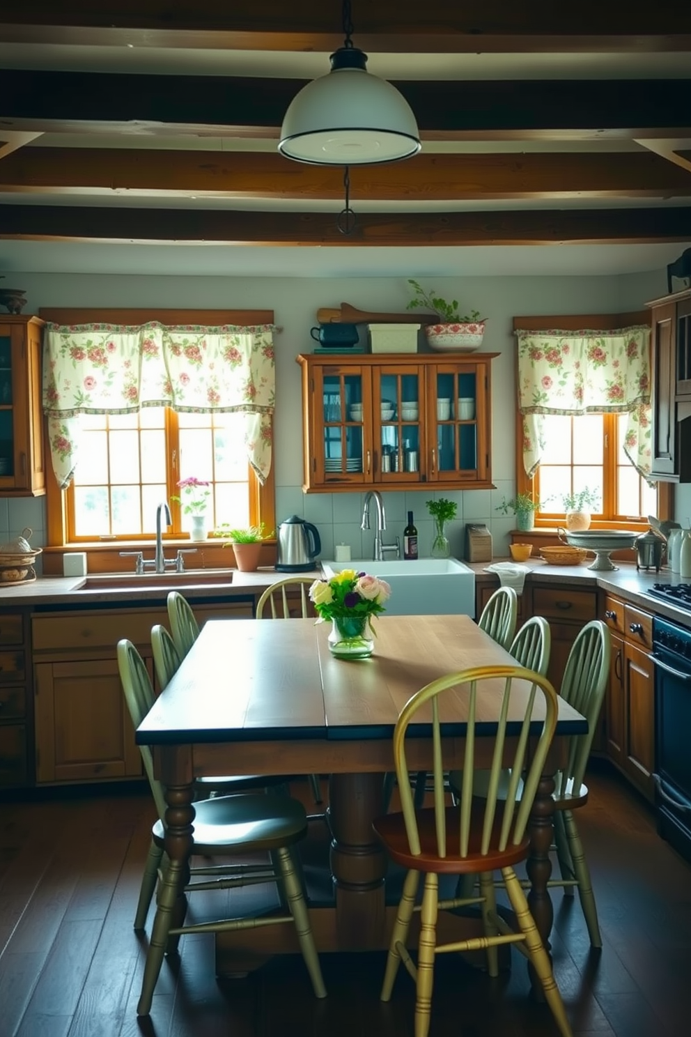 A charming country kitchen filled with warmth and character. Floral curtains adorn the windows, softly filtering natural light and adding a touch of color to the space. The kitchen features rustic wooden cabinets and a farmhouse sink. A large wooden dining table sits in the center, surrounded by mismatched chairs that enhance the cozy, inviting atmosphere.