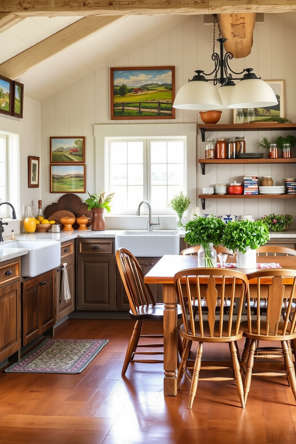 A cozy country kitchen filled with warm, rustic charm. The walls are adorned with country-themed artwork, showcasing landscapes and farm scenes that add personality and character. The kitchen features a large farmhouse table surrounded by mismatched wooden chairs. Open shelving displays colorful dishware and mason jars filled with fresh herbs, creating a welcoming atmosphere.