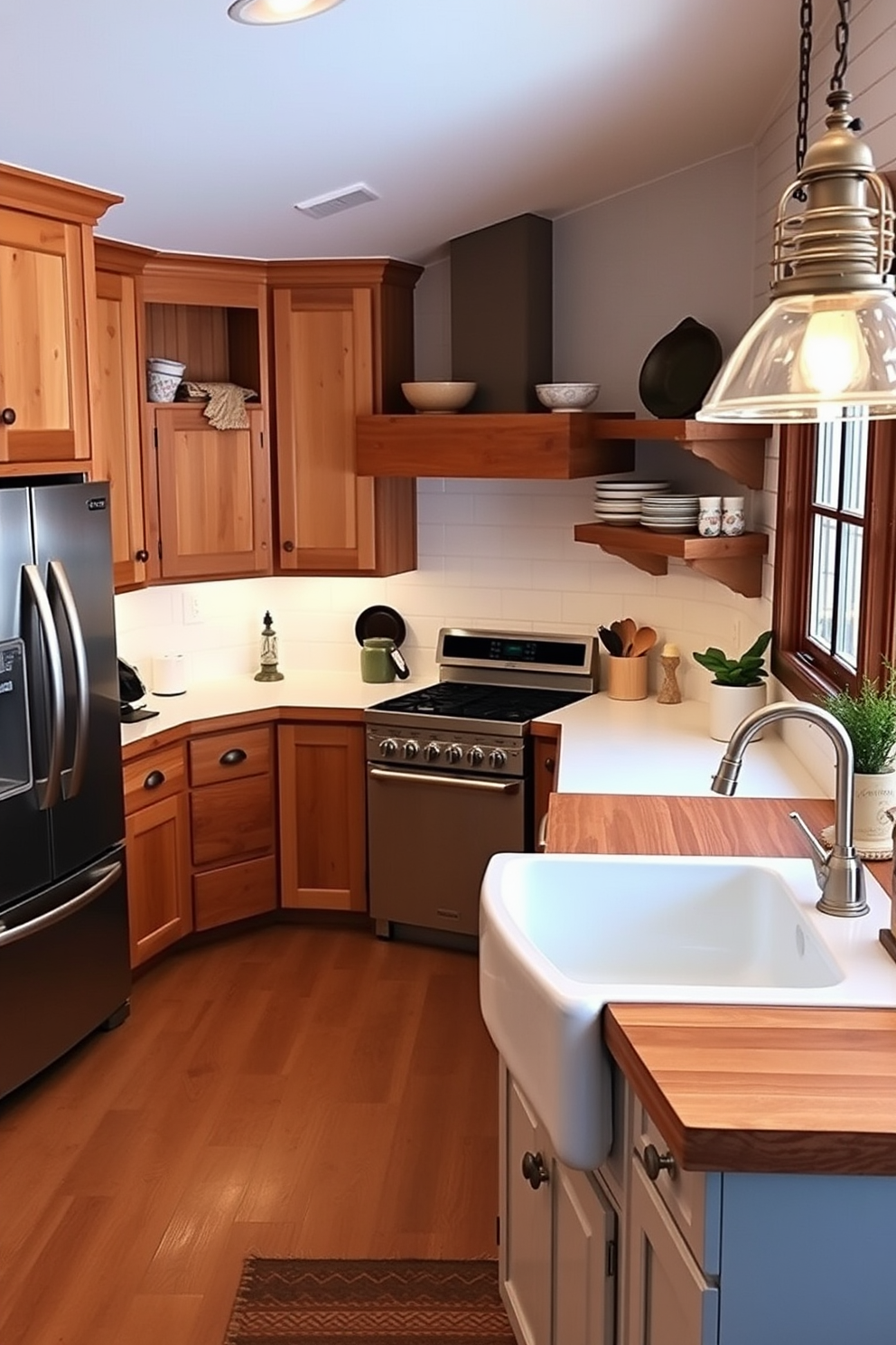 A charming country kitchen featuring a mix of modern and vintage appliances. The space includes a large farmhouse sink paired with a sleek stainless steel refrigerator, surrounded by rustic wooden cabinetry and open shelving. The countertops are a combination of butcher block and white quartz, providing a warm yet contemporary feel. A vintage-inspired stove adds character, while pendant lights with a classic design illuminate the room, creating a cozy atmosphere.