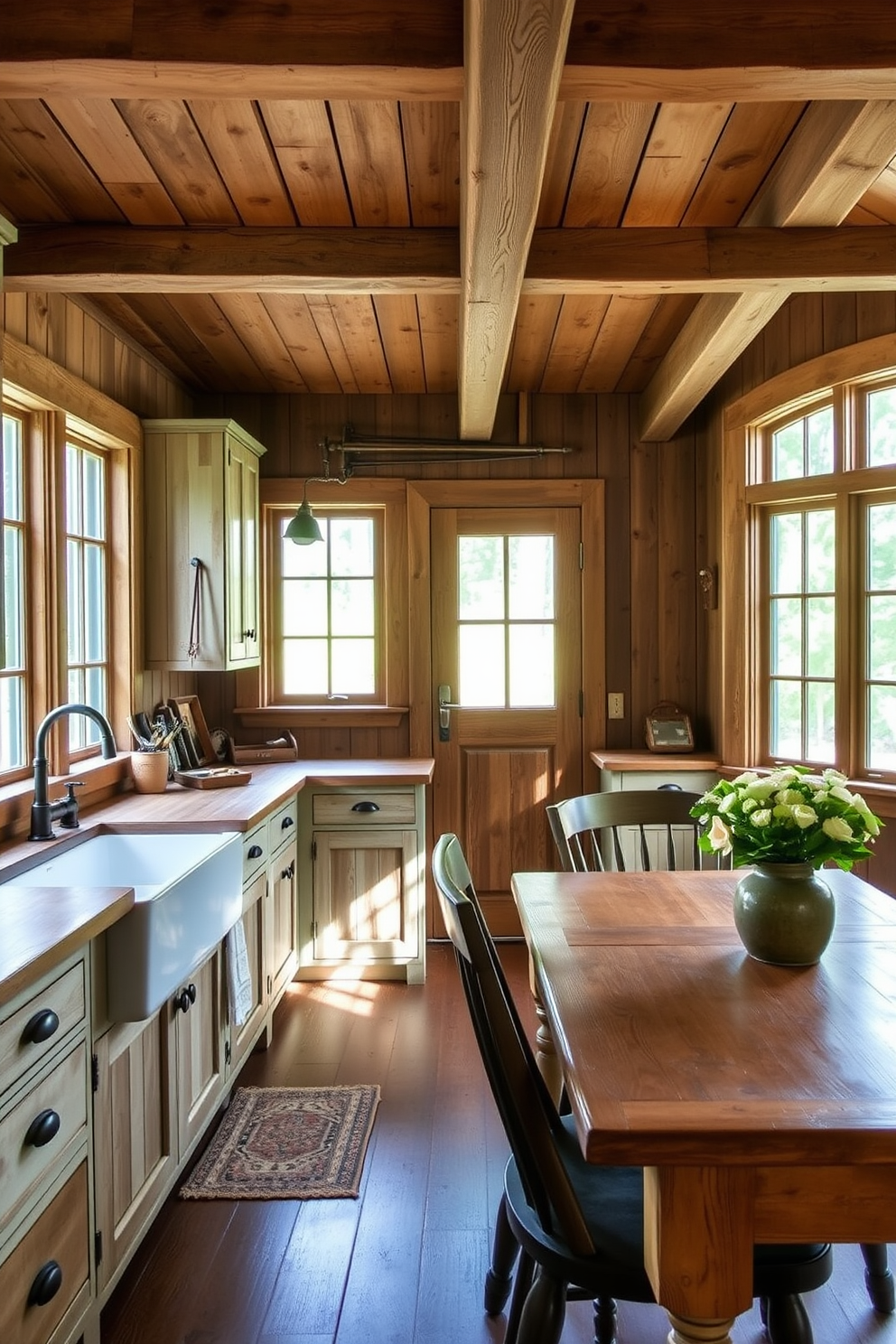 A charming country kitchen featuring aging wood accents that add character and warmth. The cabinetry showcases distressed finishes while a farmhouse sink is complemented by a rustic wooden countertop. Natural light floods the space through large windows, illuminating the wooden beams on the ceiling. A cozy dining nook with a wooden table and mismatched chairs invites family gatherings and casual meals.