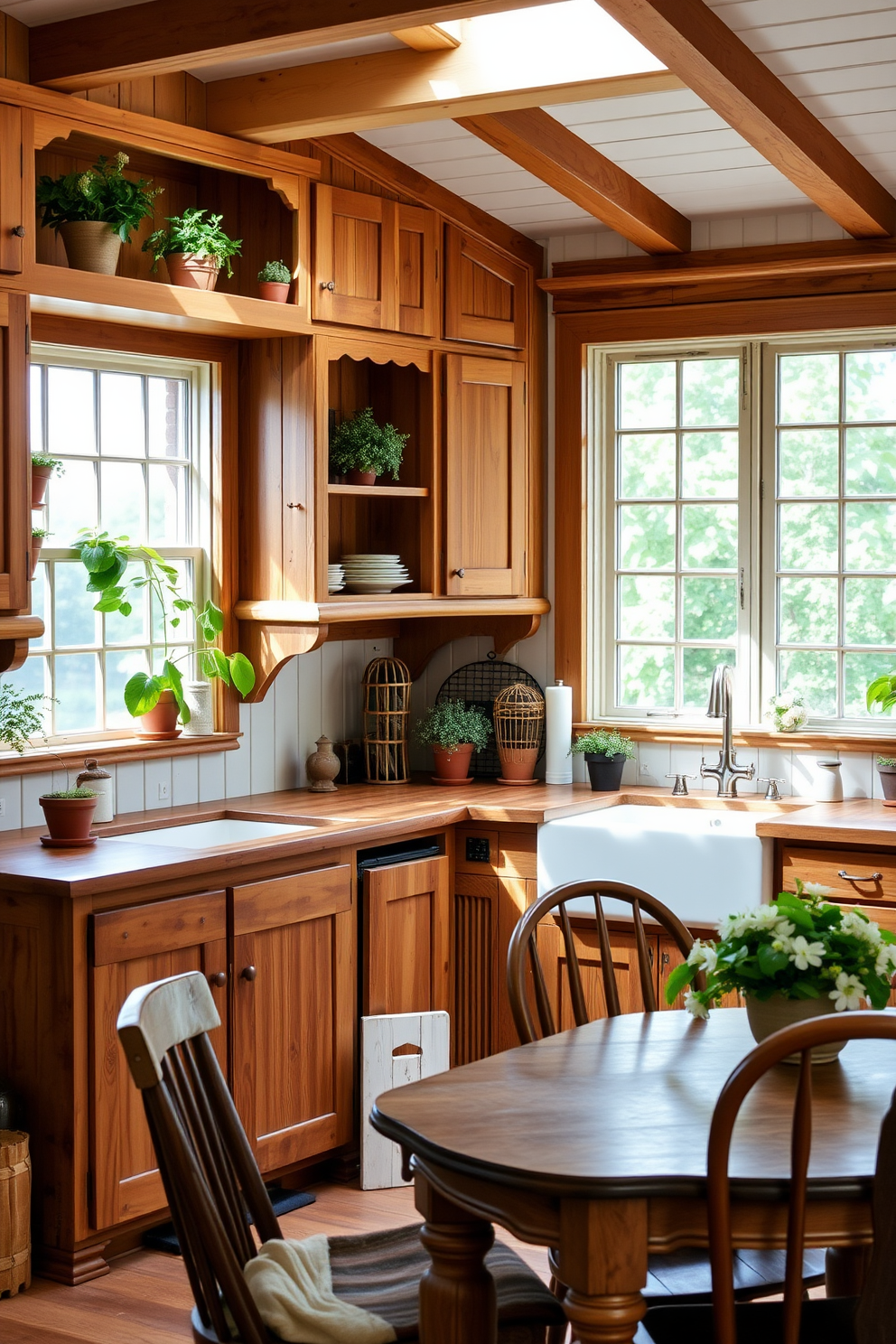 A charming country kitchen featuring glass-front cabinets that showcase beautiful dishware and decorative items. The cabinets are painted in a soft white hue, complemented by rustic wooden shelves and a farmhouse sink. The kitchen island is topped with a butcher block surface, surrounded by comfortable bar stools. Warm, natural lighting floods the space through large windows, enhancing the inviting atmosphere.