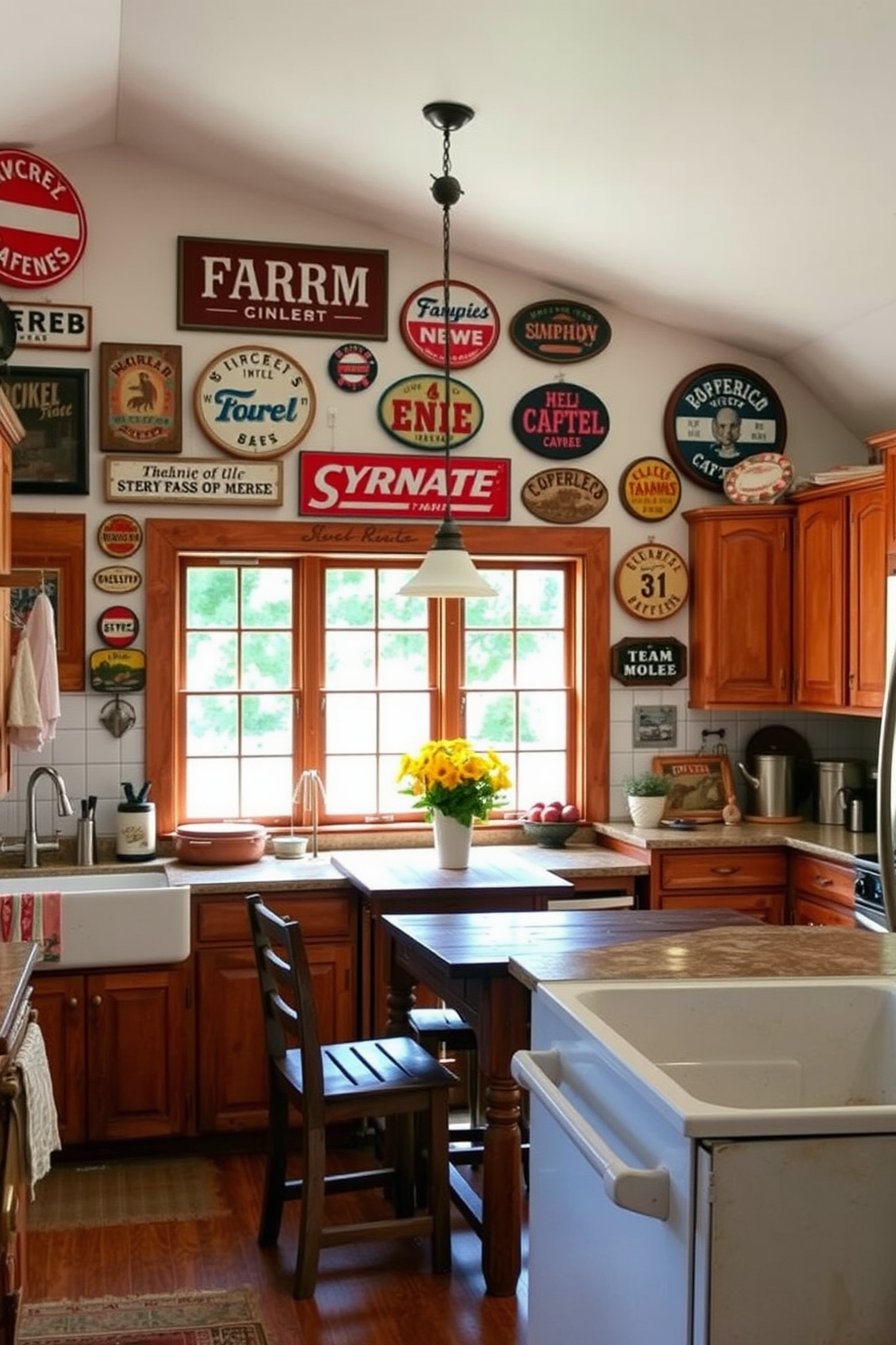 A cozy country kitchen filled with vintage signs that evoke a sense of nostalgia. The warm wooden cabinets are complemented by a farmhouse sink and a rustic wooden dining table in the center. The walls are adorned with colorful vintage signs featuring farm-related themes. Natural light floods the space through large windows, highlighting the charming decor and inviting atmosphere.