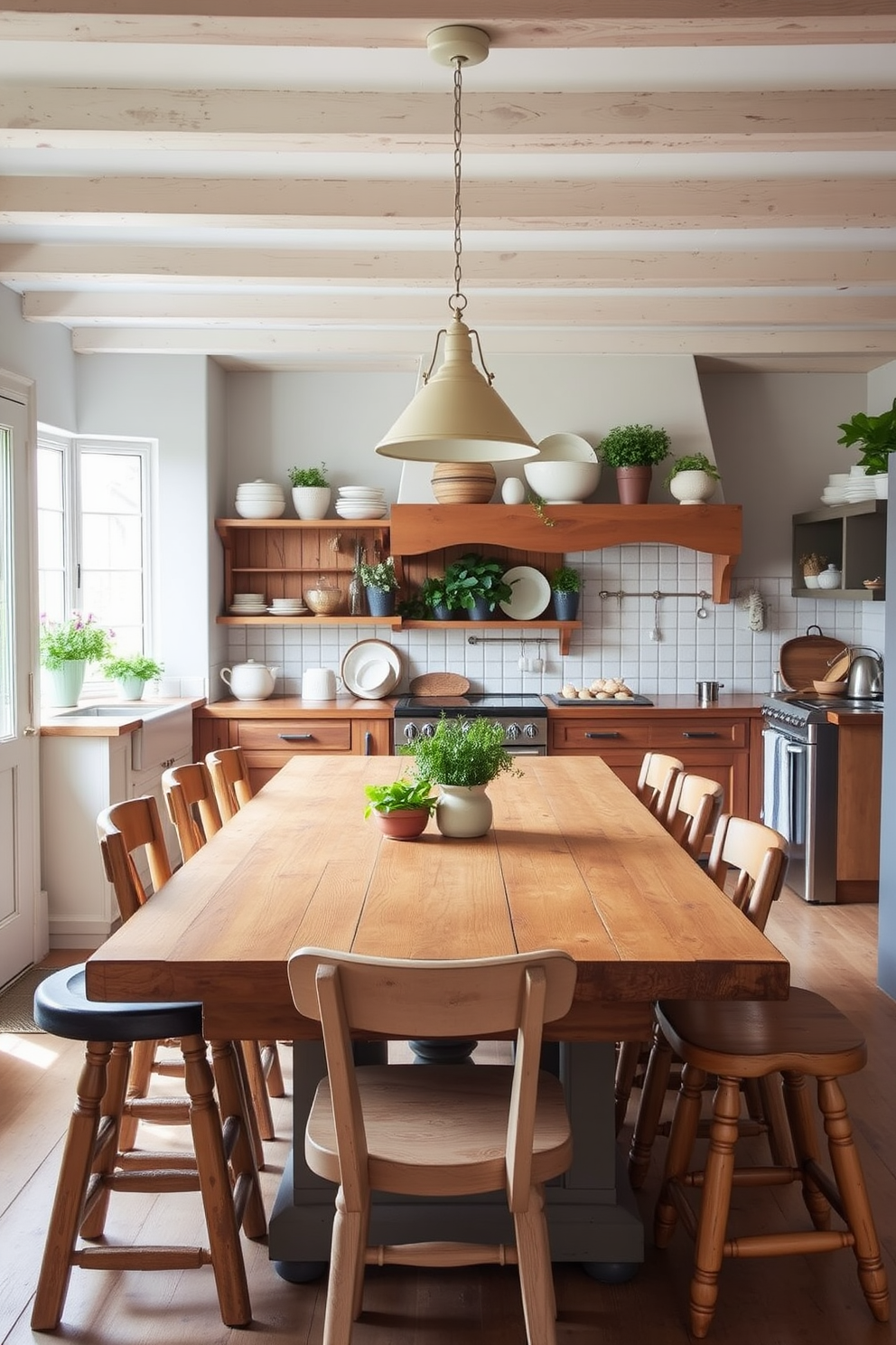 A cozy country kitchen featuring rustic wooden stools arranged around a large farmhouse table. The space is filled with natural light, highlighting the warm wood tones and soft pastel accents throughout the room. The walls are adorned with open shelving displaying vintage dishware and fresh herbs in pots. A charming pendant light hangs above the table, creating an inviting atmosphere perfect for casual dining.