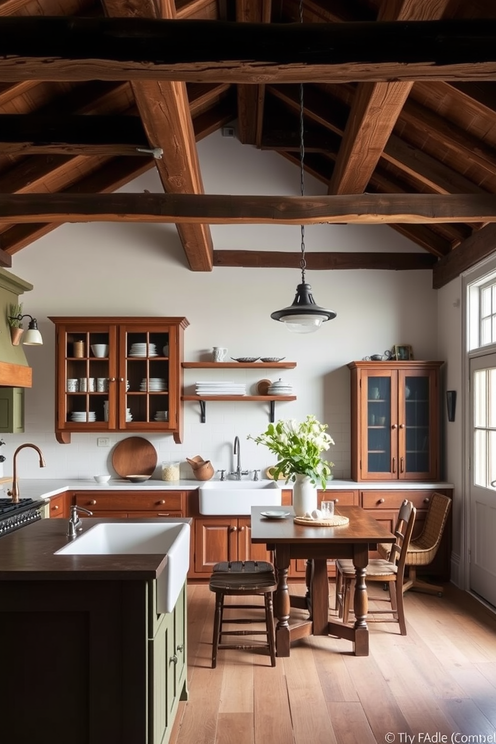 A country kitchen featuring exposed wooden beams that add rustic charm to the space. The kitchen showcases a large farmhouse sink, vintage-inspired cabinetry, and a cozy breakfast nook with a wooden table.